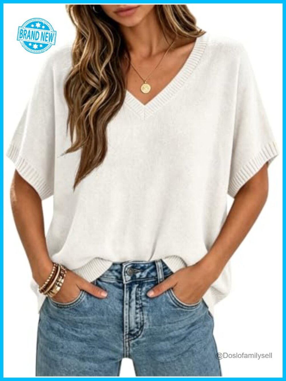 Oversized Batwing Short Sleeve Knit Sweater V-Neck Pullover Top